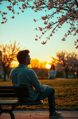 A melancholic scene depicting a man in his 30s sitting alone on a park bench at sunset, lost in thought