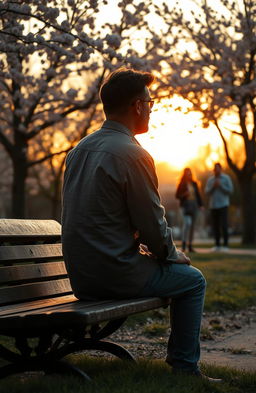 A melancholic scene depicting a man in his 30s sitting alone on a park bench at sunset, lost in thought