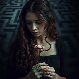 A reflective image of Adriana, a young woman with long, curly brown hair, holding a wilted flower that symbolizes the loss of innocence