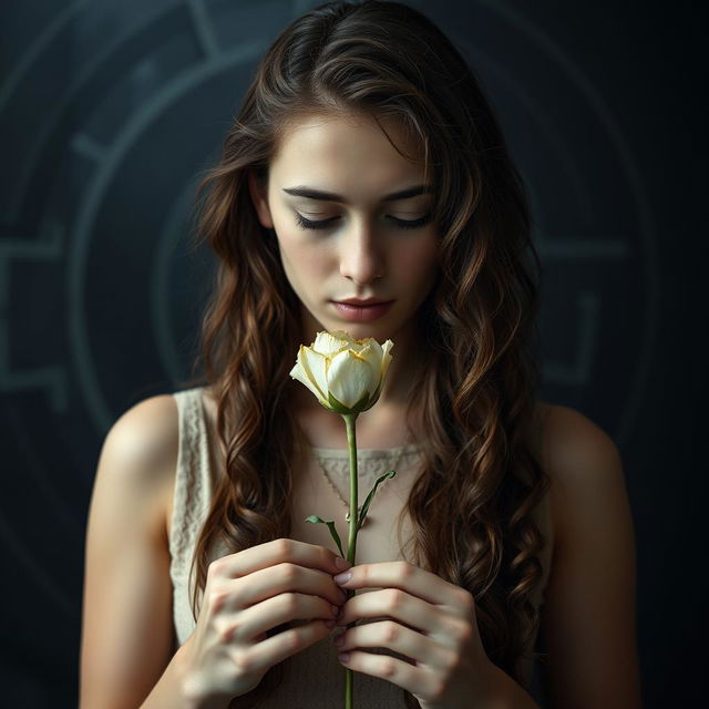 A reflective image of Adriana, a young woman with long, curly brown hair, holding a wilted flower that symbolizes the loss of innocence