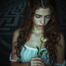A reflective image of Adriana, a young woman with long, curly brown hair, holding a wilted flower that symbolizes the loss of innocence