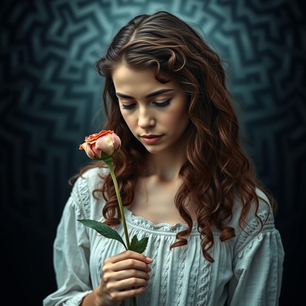 A reflective image of Adriana, a young woman with long, curly brown hair, holding a wilted flower that symbolizes the loss of innocence