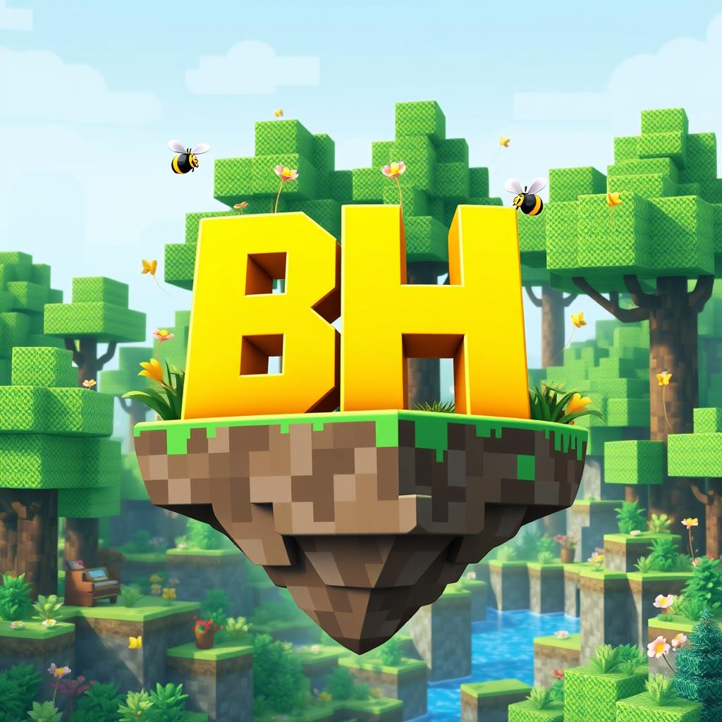 A 512x512 logo created in an animated Minecraft style, showcasing the letters 'B' and 'H' closely positioned together in a bright yellow color