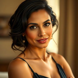 A 35-year-old woman of Latin descent with dark hair and tan skin, featuring expressive eyes