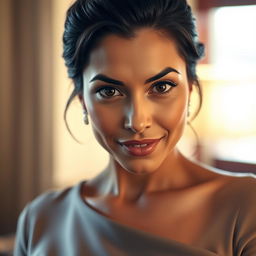 A 35-year-old woman of Latin descent with dark hair and tan skin, featuring expressive eyes