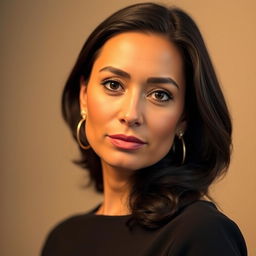 A 35-year-old woman of Latin descent with dark hair and tan skin, featuring expressive eyes
