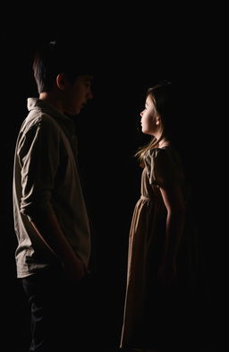 A boy and a girl gazing at each other from a distance, set against a dark, moody background