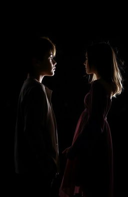 A boy and a girl gazing at each other from a distance, set against a dark, moody background