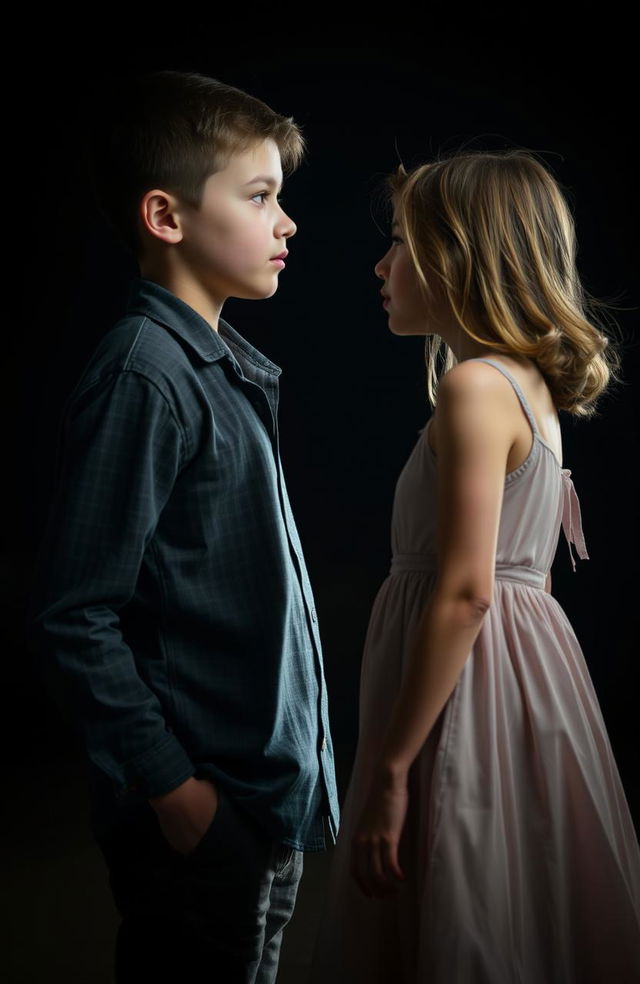 A boy and a girl gazing at each other from a distance, set against a dark, moody background