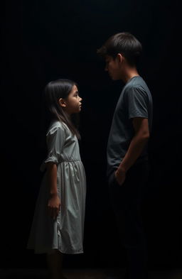 A boy and a girl gazing at each other from a distance, set against a dark, moody background