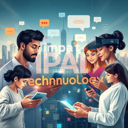 An artistic representation depicting the impact of technology on communication skills, using the words 'impact', 'technology', 'communication', and 'skills' creatively incorporated into the design