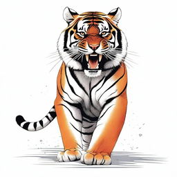 Full color illustration of a highly detailed, full-bodied aggressive tiger against a stark white background.