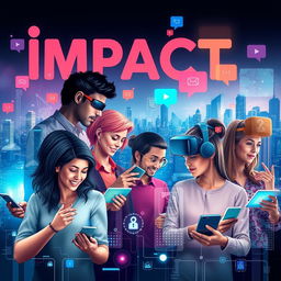 An artistic representation depicting the impact of technology on communication skills, using the words 'impact', 'technology', 'communication', and 'skills' creatively incorporated into the design