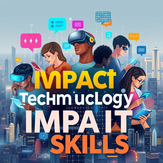 An artistic representation depicting the impact of technology on communication skills, using the words 'impact', 'technology', 'communication', and 'skills' creatively incorporated into the design