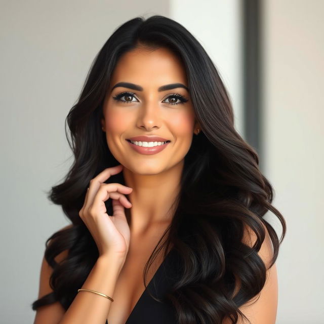 A 35-year-old woman of Latin descent with dark hair and tan skin, showcasing her ethnic beauty