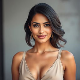 A 35-year-old woman of Latin descent with dark hair and tan skin, showcasing her ethnic beauty