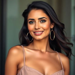 A 35-year-old woman of Latin descent with dark hair and tan skin, showcasing her ethnic beauty