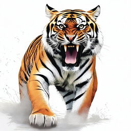 Full color illustration of a highly detailed, full-bodied aggressive tiger against a stark white background.