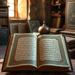 An artistic representation of the oldest manuscript of the Quran, beautifully illuminated and intricately designed