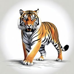 Full color illustration of a highly detailed, full-bodied aggressive tiger against a stark white background.