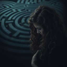 An evocative scene featuring Adriana, a young woman with long, fluffy curly brown hair, looking down with a profound expression of sadness