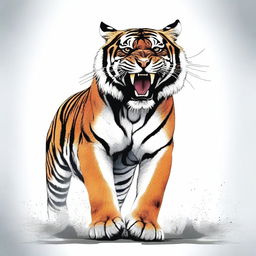 Full color illustration of a highly detailed, full-bodied aggressive tiger against a stark white background.