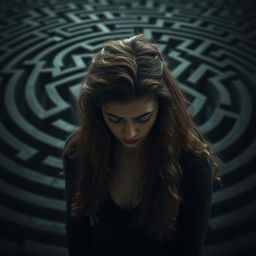 An evocative scene featuring Adriana, a young woman with long, fluffy curly brown hair, looking down with a profound expression of sadness