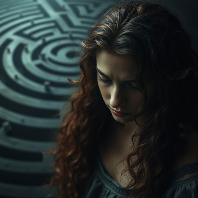 An evocative scene featuring Adriana, a young woman with long, fluffy curly brown hair, looking down with a profound expression of sadness