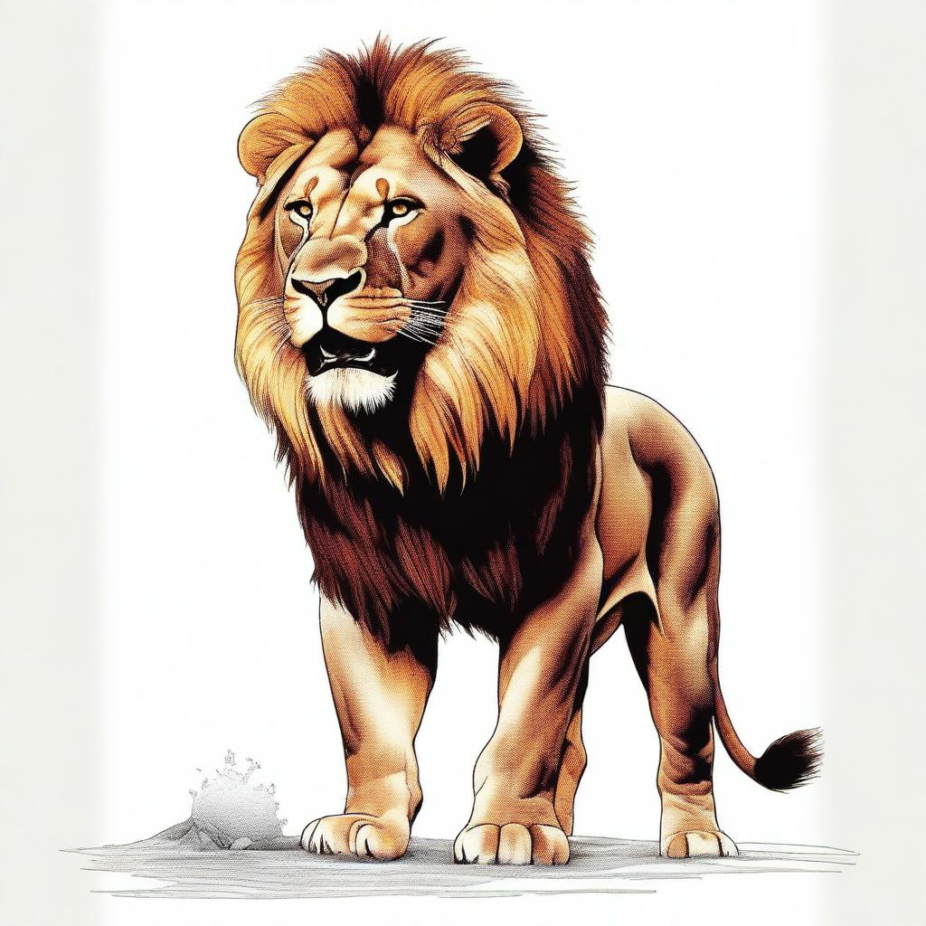 Full color illustration of a highly detailed, full-bodied aggressive lion against a stark white background.