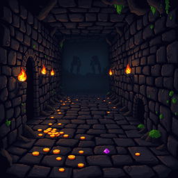 A pixel art dungeon themed video game background, featuring a dark stone corridor with torches flickering on the walls, scattered pieces of treasure like gold coins and gems on the floor, and shadowy corners hinting at hidden dangers
