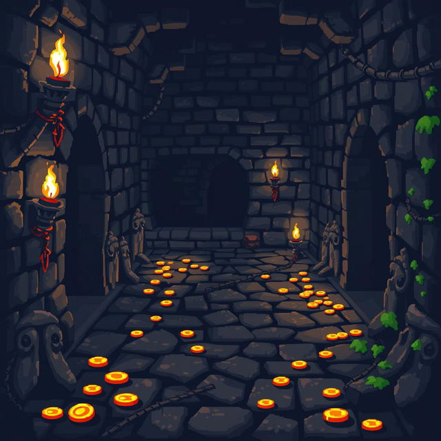 A pixel art dungeon themed video game background, featuring a dark stone corridor with torches flickering on the walls, scattered pieces of treasure like gold coins and gems on the floor, and shadowy corners hinting at hidden dangers