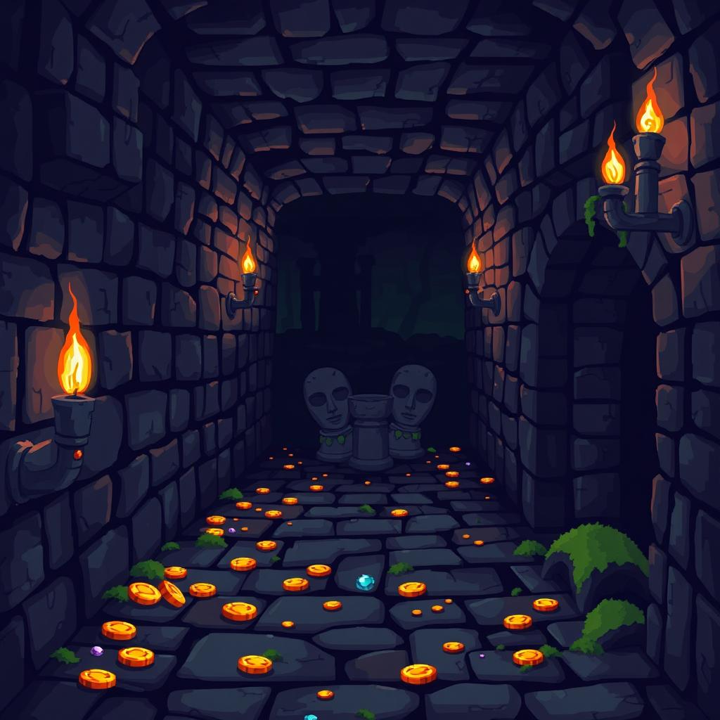 A pixel art dungeon themed video game background, featuring a dark stone corridor with torches flickering on the walls, scattered pieces of treasure like gold coins and gems on the floor, and shadowy corners hinting at hidden dangers