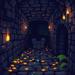 A pixel art dungeon themed video game background, featuring a dark stone corridor with torches flickering on the walls, scattered pieces of treasure like gold coins and gems on the floor, and shadowy corners hinting at hidden dangers