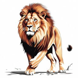 Full color illustration of a highly detailed, full-bodied aggressive lion against a stark white background.