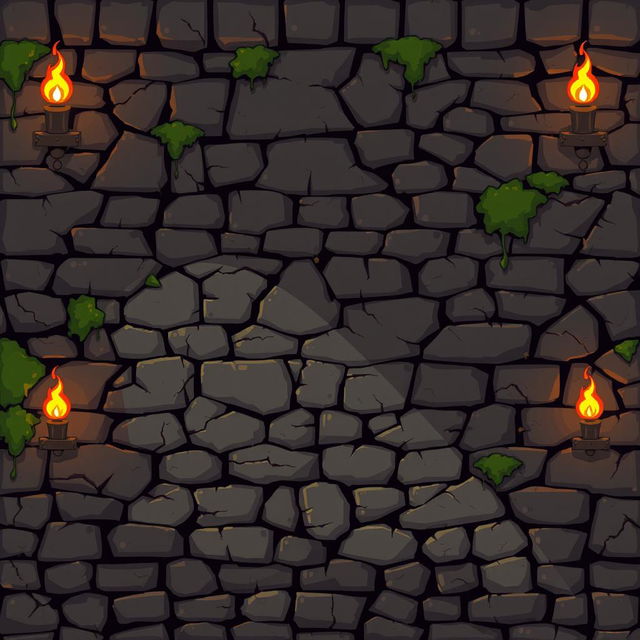 A pixel art dungeon themed video game background featuring a flat wall design, showcasing a textured stone surface with moss and cracks