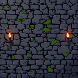 A pixel art dungeon themed video game background featuring a flat wall design, showcasing a textured stone surface with moss and cracks