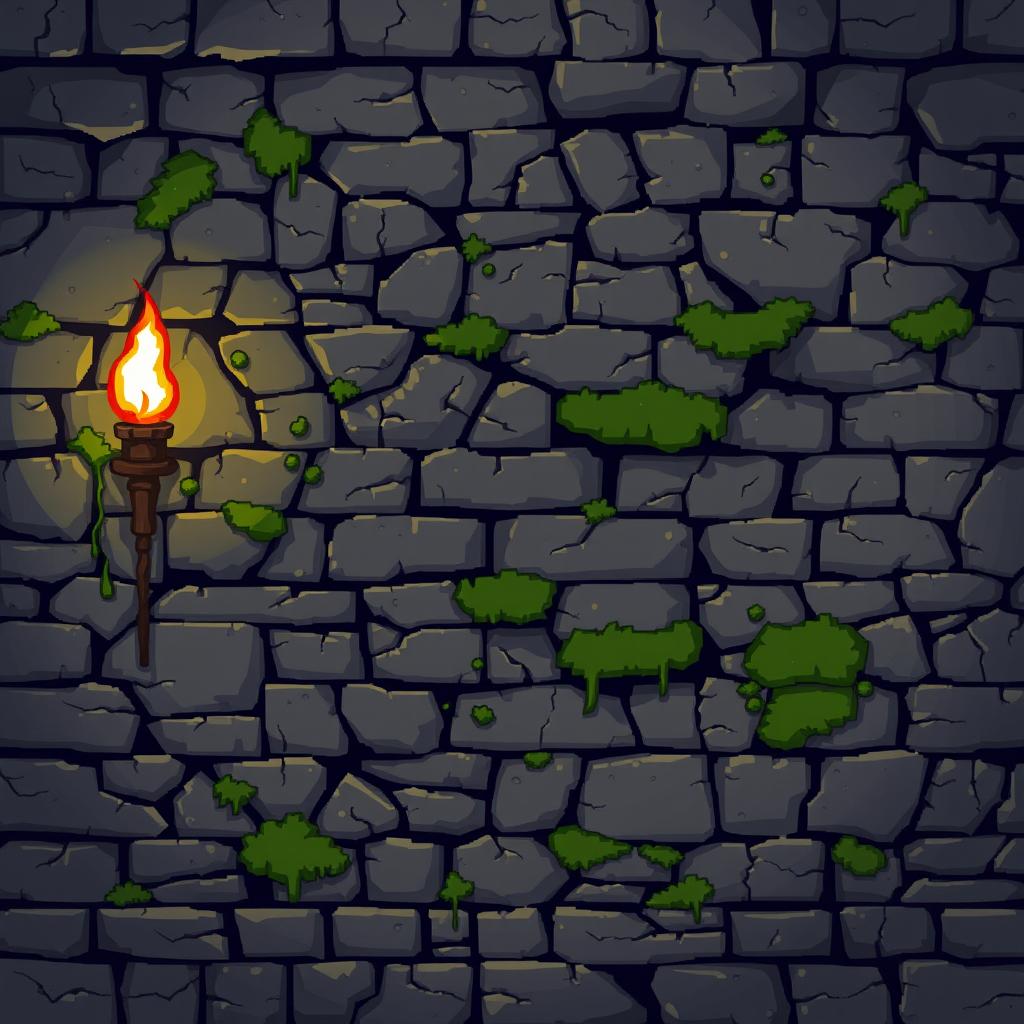 A pixel art dungeon themed video game background featuring a flat wall design, showcasing a textured stone surface with moss and cracks