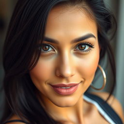 A beautiful 35-year-old Latina woman with dark hair and sun-kissed skin, showcasing expressive eyes