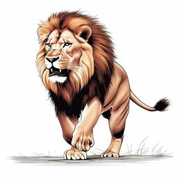 Full color illustration of a highly detailed, full-bodied aggressive lion against a stark white background.