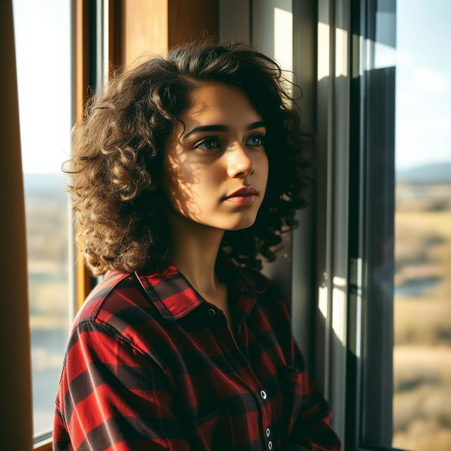 A contemplative scene featuring a young woman with curly hair, gazing thoughtfully out of a window