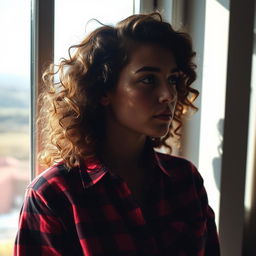 A contemplative scene featuring a young woman with curly hair, gazing thoughtfully out of a window