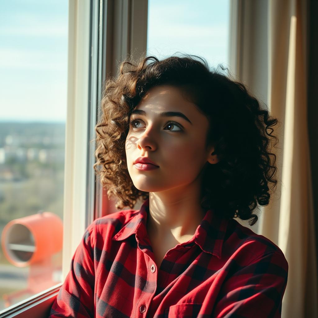 A contemplative scene featuring a young woman with curly hair, gazing thoughtfully out of a window