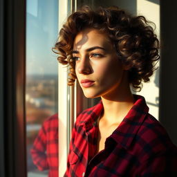A contemplative scene featuring a young woman with curly hair, gazing thoughtfully out of a window