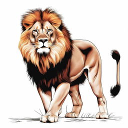 Full color illustration of a highly detailed, full-bodied aggressive lion against a stark white background.