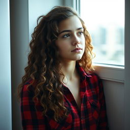 A serene image of a young woman with long, curly hair, gazing thoughtfully out of a window
