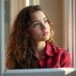 A serene image of a young woman with long, curly hair, gazing thoughtfully out of a window