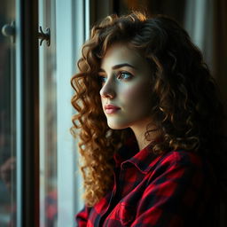 A serene image of a young woman with long, curly hair, gazing thoughtfully out of a window