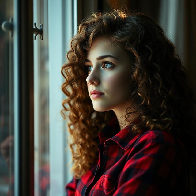 A serene image of a young woman with long, curly hair, gazing thoughtfully out of a window