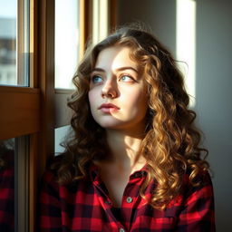 A serene image of a young woman with long, curly hair, gazing thoughtfully out of a window