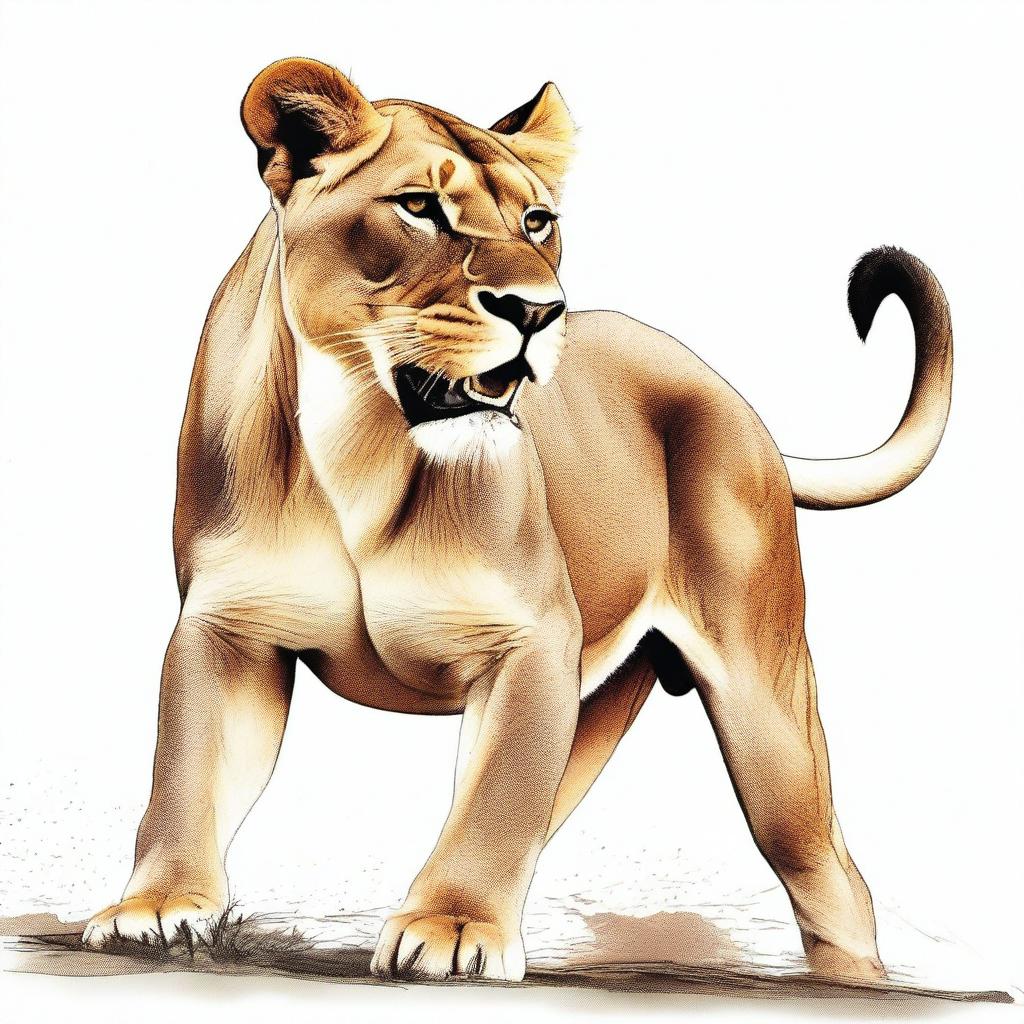 Full color illustration of a highly detailed, full-bodied aggressive lioness against a stark white background.